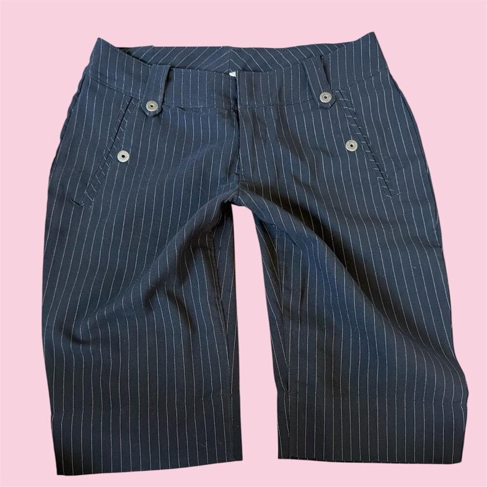 Y2K Morbid Threads black pinstripe capri pants with white vertical stripes